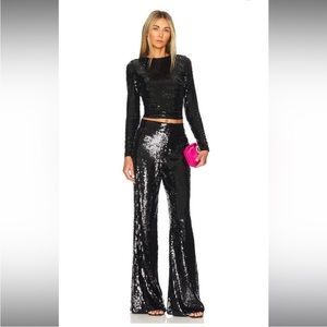 Alice + Olivia Black Sequin Wide Leg Pants